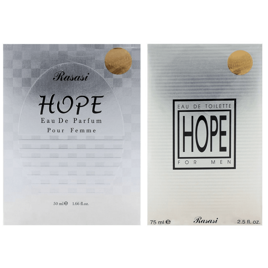 Hope EDP couple set by Rasasi, featuring 75ml men's and 50ml women's Eau De Parfum bottles, with elegant packaging and fragrance caps.