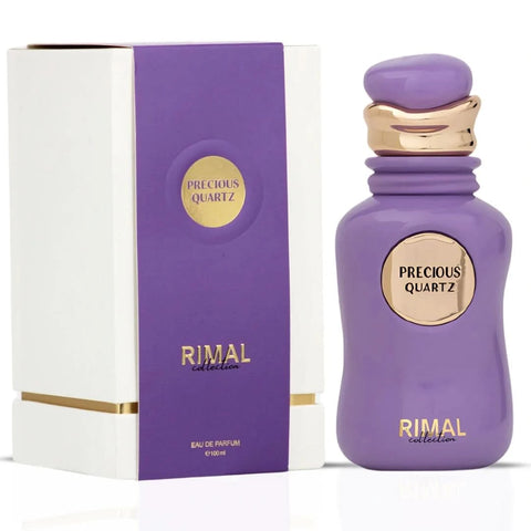 Precious Quartz Eau de Parfum spray by Rimal Collection, 100ml bottle, elegant glass with silver accents, showcasing luxurious fragrance.