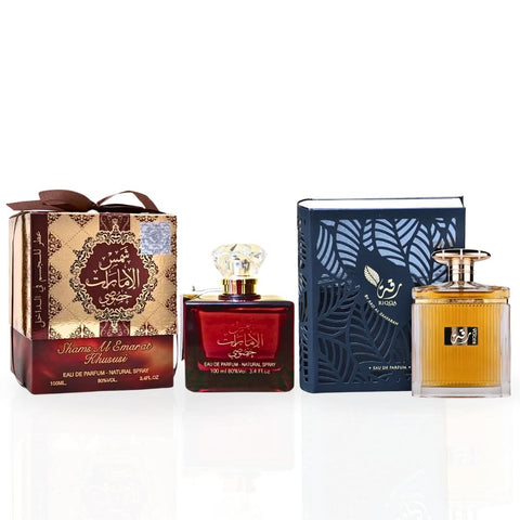Bundle of two Ard Al Zaafaran Riqqa & Shams Al Emarat Khususi Eau de Parfum sprays, 100ml each, with elegant perfume bottles.