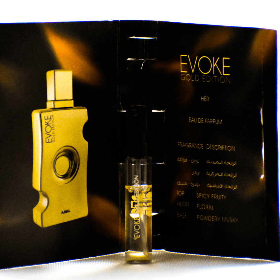 Evoke Gold Edition Ajmal women’s perfume sample 1ML bottle, showcasing the small, elegant fragrance vial.