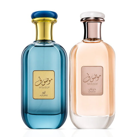 Bundle of Ard Al Zaafaran Mousuf Daisy and Mousuf Azure Eau de Parfum sprays, 100ml each, featuring floral and fresh scent profiles.