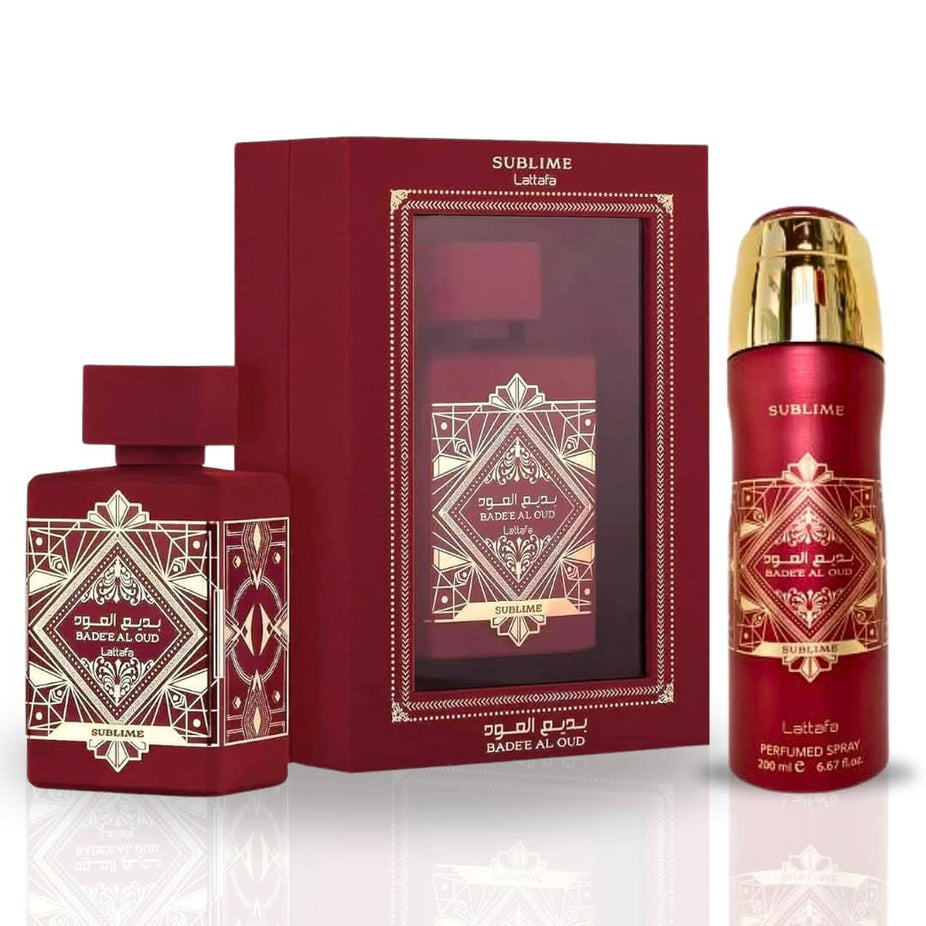 Intense Oud Bade'e Al Oud Sublime Eau de Parfum and Deodorant Spray in a value pack, featuring luxurious fragrance bottles.