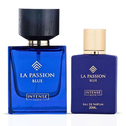 Intense Elite La Passion Blue Eau de Parfum bundle featuring 100ml and mini 20ml sprays, elegant packaging and bottles.