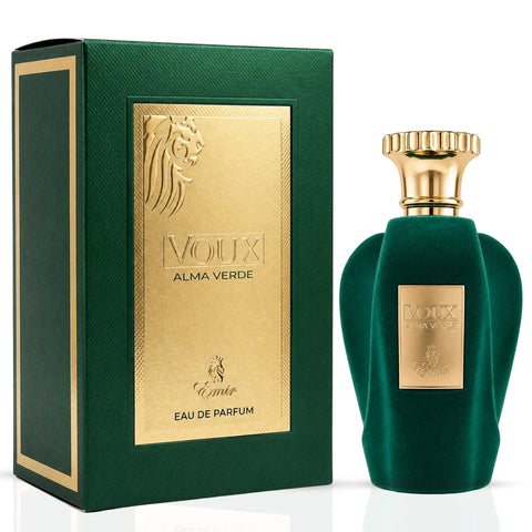 Voux Alma Verde Eau de Parfum spray by Paris Corner, 100ml, with a sleek green and clear glass bottle on a white background.