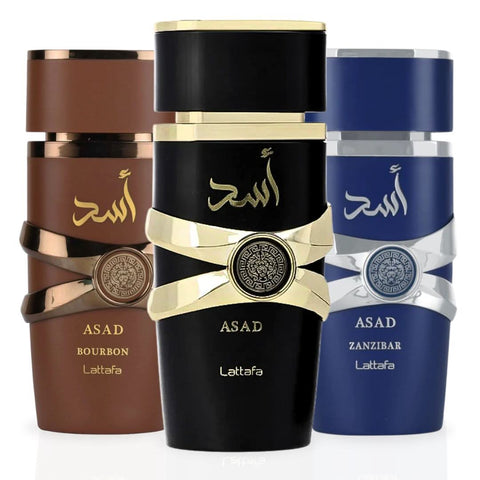 Lattafa Asad Zanzibar and Asad Bourbon Eau de Parfum spray bundle, 100ml each, featuring elegant bottles and distinctive fragrance packaging.