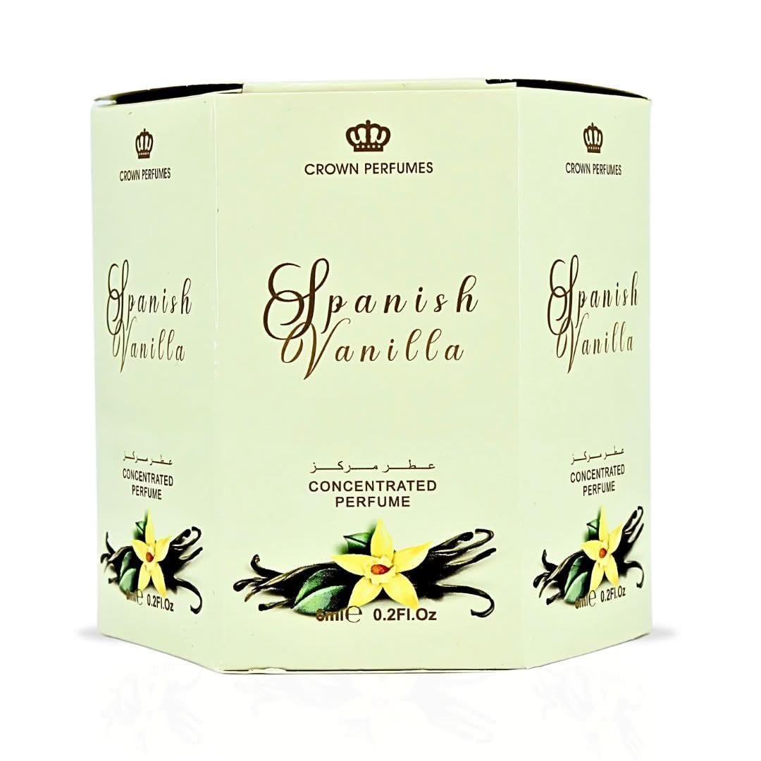 Al Rehab Spanish Vanilla Perfume Oil CPO 6ml bottles, set of six, with elegant packaging and vanilla fragrance.