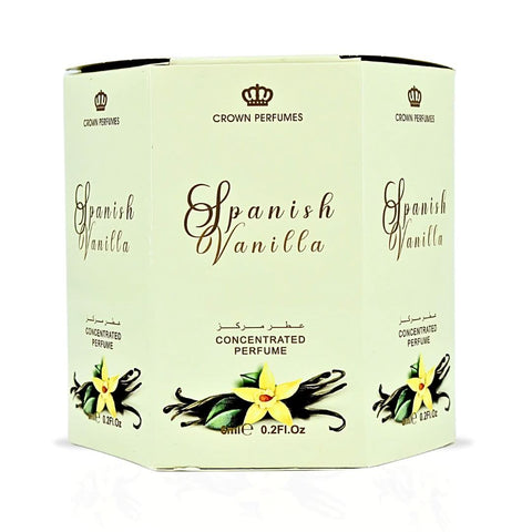 Al Rehab Spanish Vanilla Perfume Oil CPO 6ml bottles, set of six, with elegant packaging and vanilla fragrance.