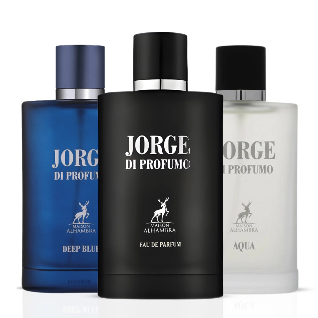 Maison Alhambra Summer Bundle with Jorge di Profumo, Aqua, and Deep Blue Eau de Parfum sprays, 100ml each, in decorative packaging