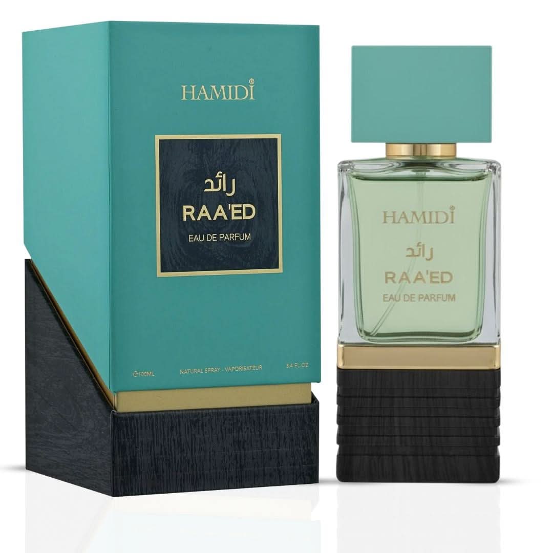 Hamidi Raeed Eau de Parfum Spray 100ml bottle, elegant fragrance with a sleek design, showcasing the Hamidi EDP product.
