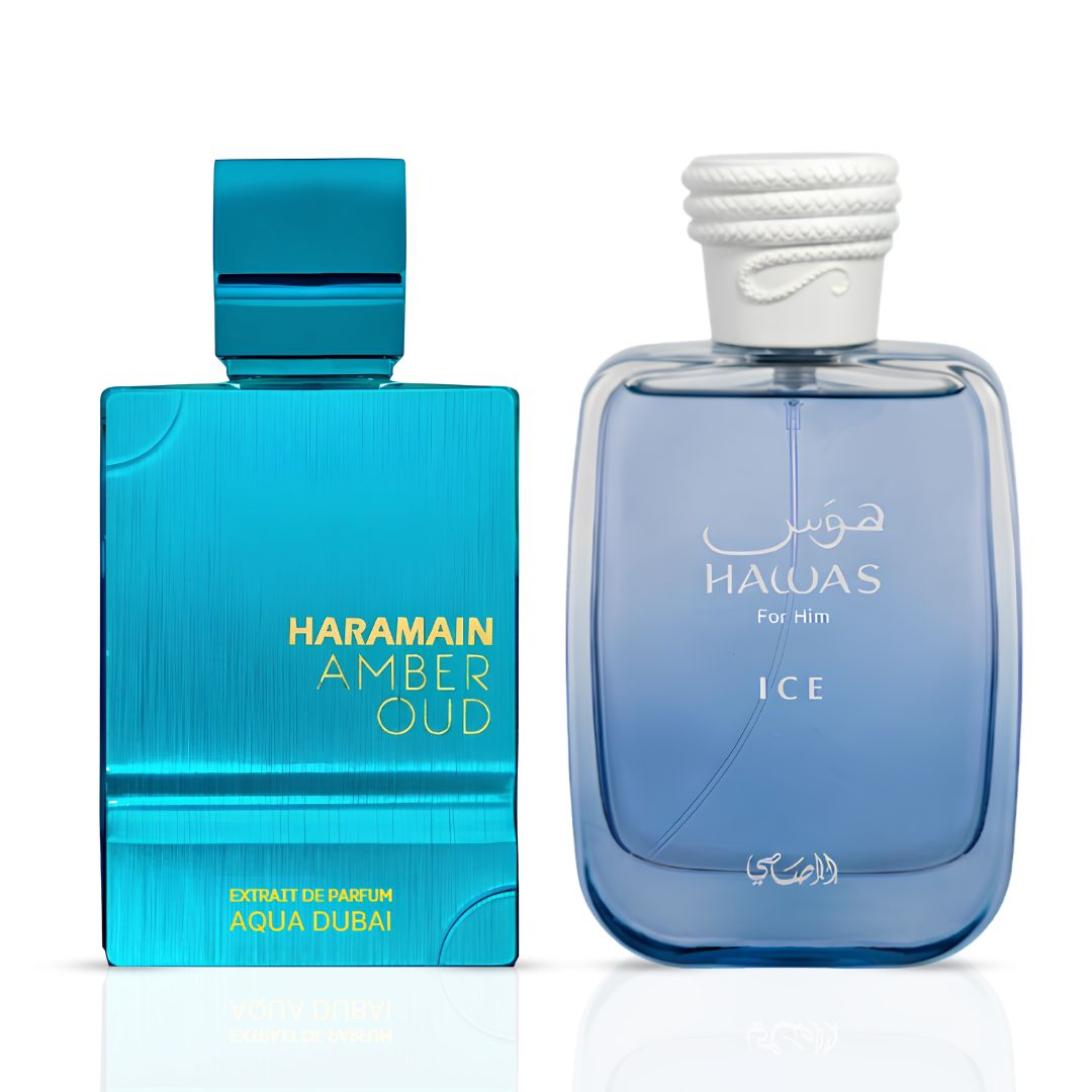 Amber Oud Aqua Dubai Extrait de Parfum By Al Haramain & Hawas Ice for Men Eau de Parfum by Rasasi Sprays 100ml (3.4 oz) (Bundle)
