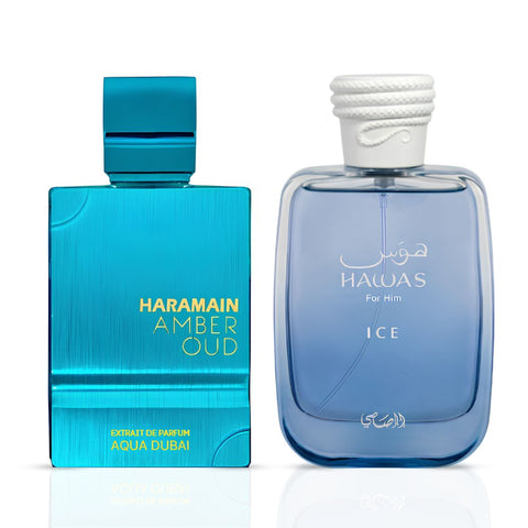 Amber Oud Aqua Dubai Extrait de Parfum By Al Haramain & Hawas Ice for Men Eau de Parfum by Rasasi Sprays 100ml (3.4 oz) (Bundle)