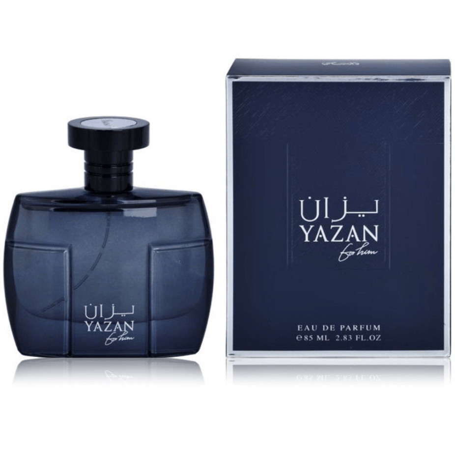 Yazan for Men Eau De Parfum by Rasasi, 85ML bottle, sleek glass container with black cap and elegant branding.