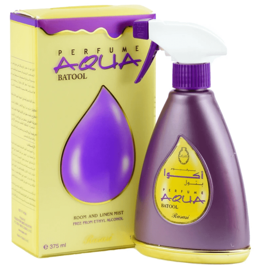 Aqua Batool air freshener bottle by Rasasi, 375ml, with a white and blue design and a spray nozzle for freshening indoor spaces.