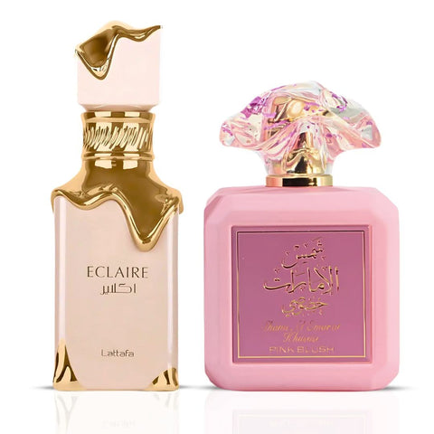 Bundle of two 100ml Lattafa Eclaire and Ard Al Zaafaran Pink Blush Shams Al Emarat Khususi Eau de Parfum sprays.