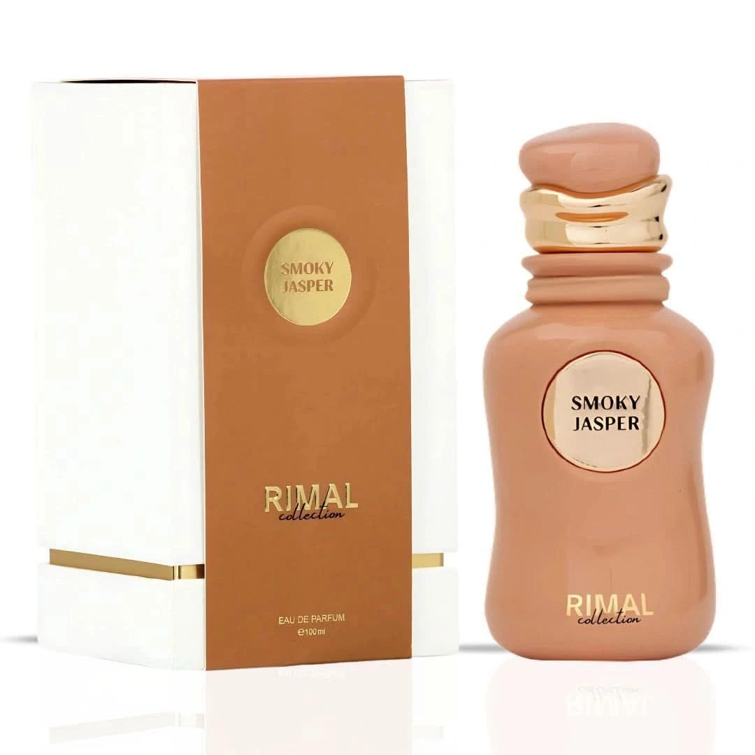 Smoky Jasper Eau de Parfum Spray 100ml by Rimal Collection featuring elegant perfume bottle with smoky-colored glass and sleek design.