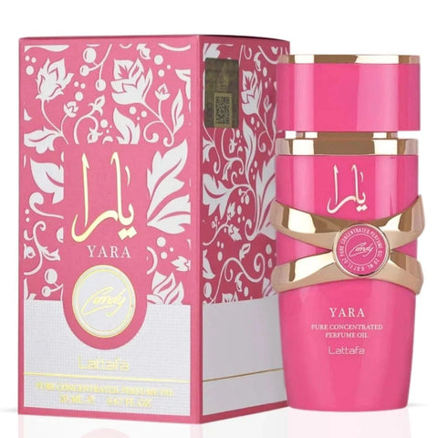 Lattafa Yara Candy Concentrated Perfume Oil 20ml bottle with a sleek, clear glass container and gold cap.