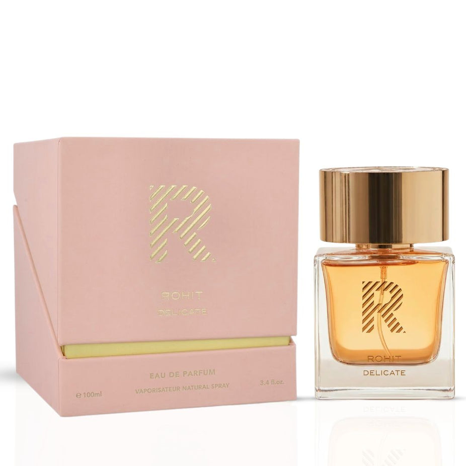 Rohit Delicate Eau de Parfum spray by Bharara, 100ml bottle with elegant packaging and floral fragrance design.