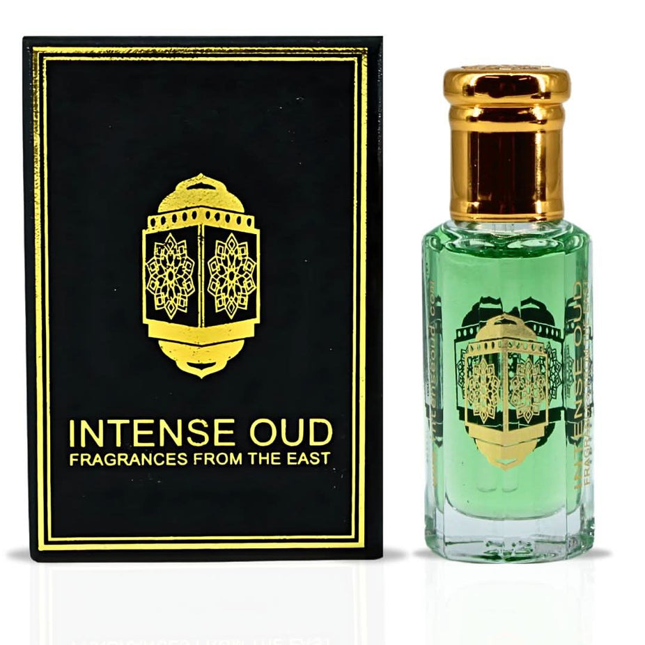 Fajr perfume oil by Intense Oud in a 12ml black gift box, featuring a sleek loose oil bottle with a black cap.