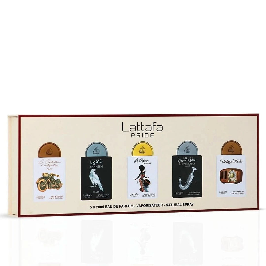 Lattafa Pride Eau de Parfum Gift Set with five 20ml bottles, showcasing elegant packaging and fragrance bottles.