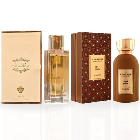 Bundle of two Intense Oud Eau de Parfum sprays for women, featuring The Kingdom by Lattafa and Al Mukhmal Jawa by Hamidi, 100ml each.