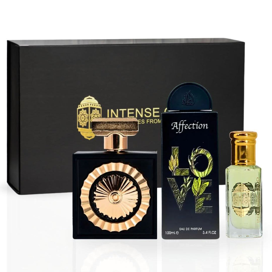 Intense Oud gift set with Nebras Affection Eau de Parfum spray 100ml, Lady Mile perfume oil 12ml, and a magnetic gift box.
