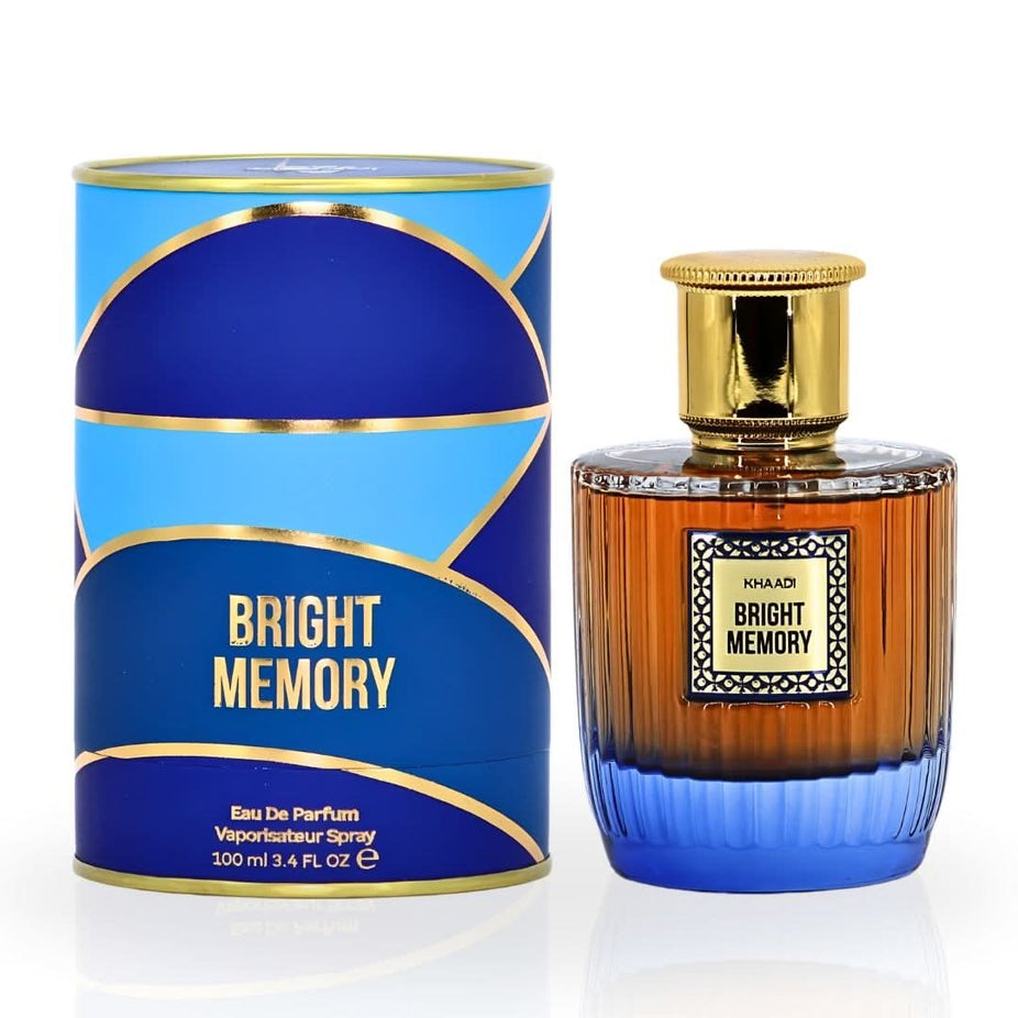 Bright Memory Eau de Parfum spray by Khaadi, 100ml bottle with elegant floral design on a white background.