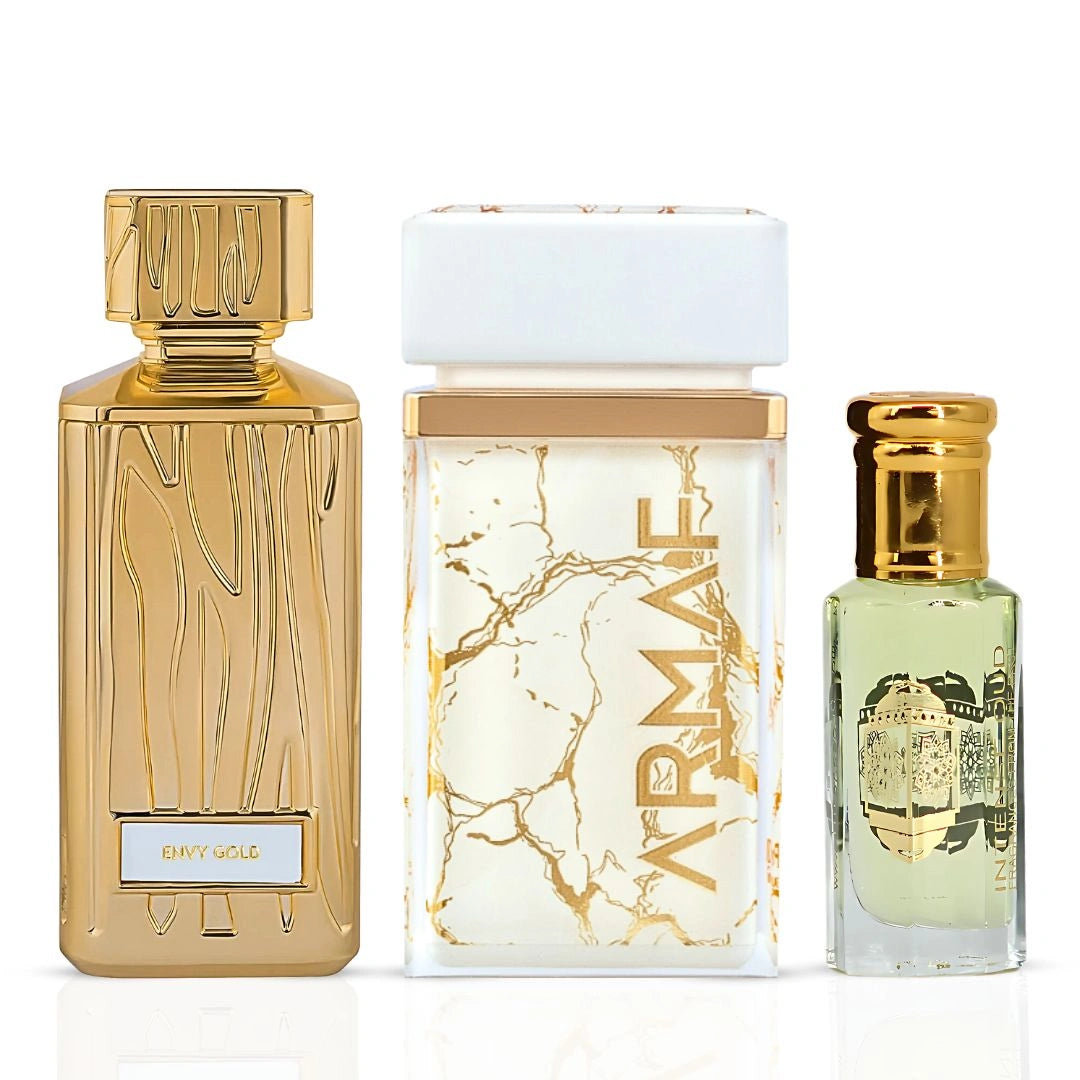 Envy Gold 100ml (3.4 oz) by Hamidi, Perle D’or 75ml (2.5 oz) by Armaf - Eau de Parfum Sprays & Joodie Perfume Oil 12ml (0.40 oz) by Intense Oud (Bundle) - Intense Oud