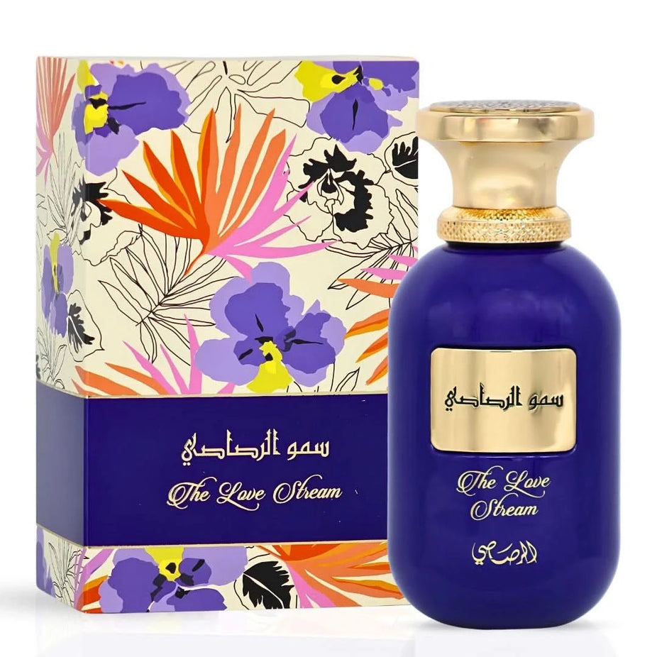 Rasasi Somow Al Rasasi The Love Stream Eau de Parfum spray bottle, 100ml, with elegant design and fragrance details.