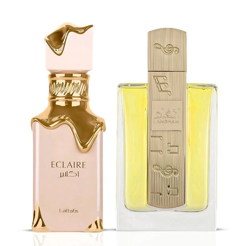 Eclaire & Angham Eau de Parfum Sprays, 100ml (3.4 oz) by Lattafa | Caramel Comfort Meets Spiced Sophistication (Bundle) - Intense Oud