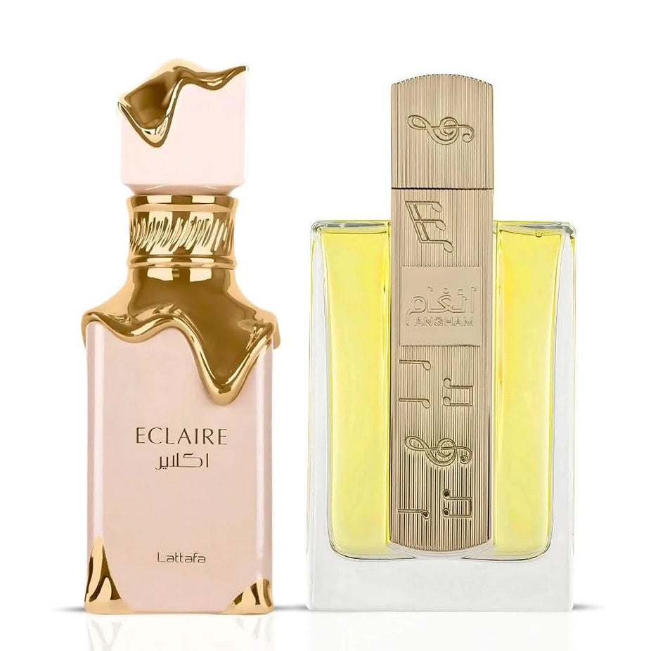 Lattafa Eclaire & Angham Eau de Parfum spray bundle, 100ml each, featuring elegant fragrance bottles with silver caps.