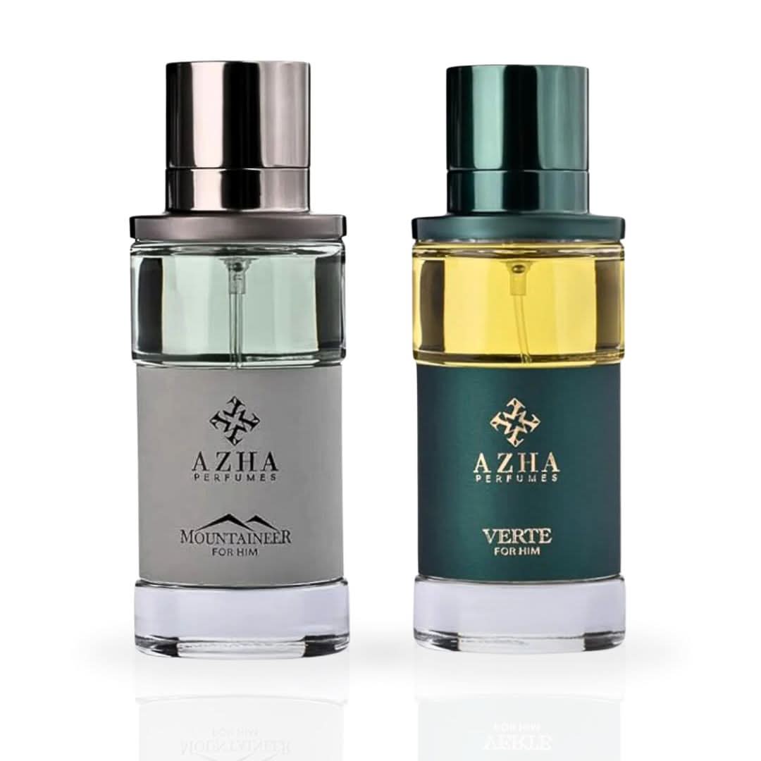 AZHA Mountaineer & Verte for Him Eau de Parfum bundle featuring two 100ml spray bottles with sleek packaging.
