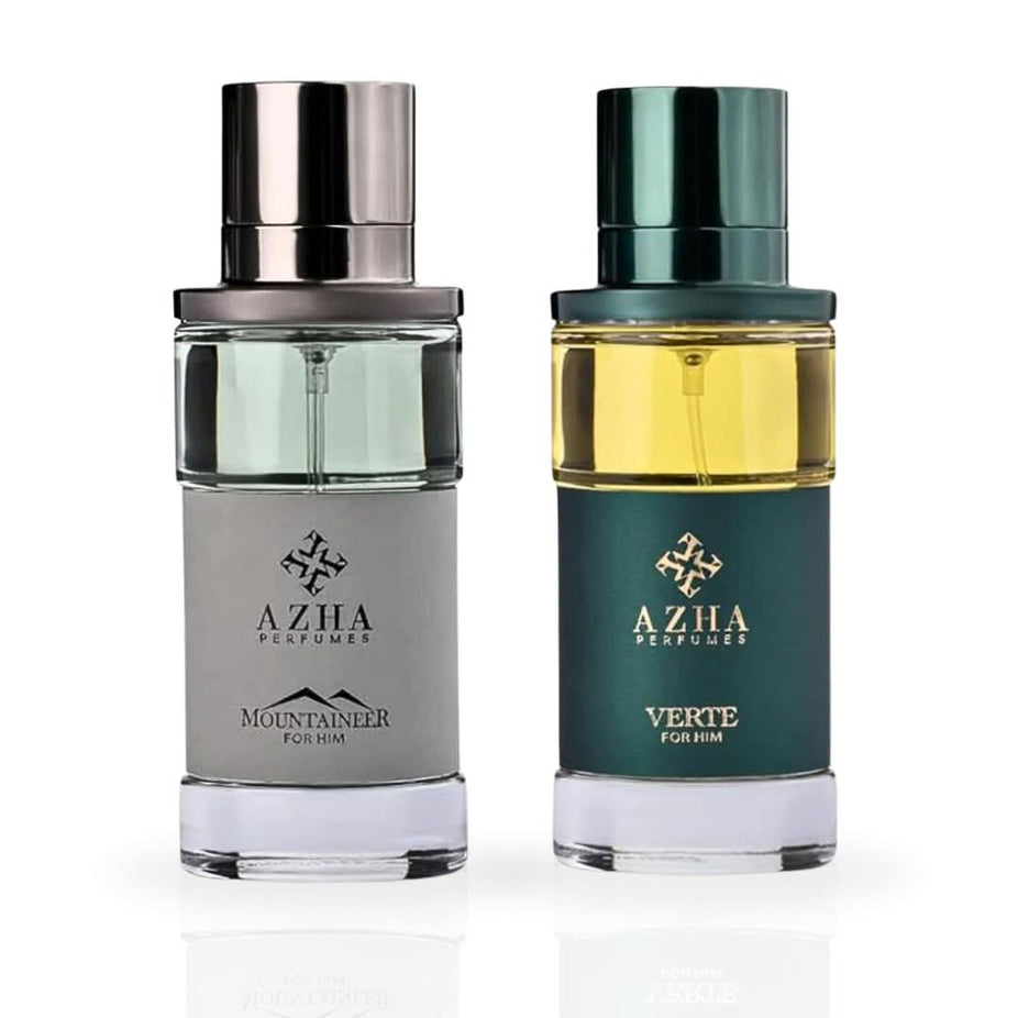 AZHA Mountaineer & Verte for Him Eau de Parfum bundle featuring two 100ml spray bottles with sleek packaging.