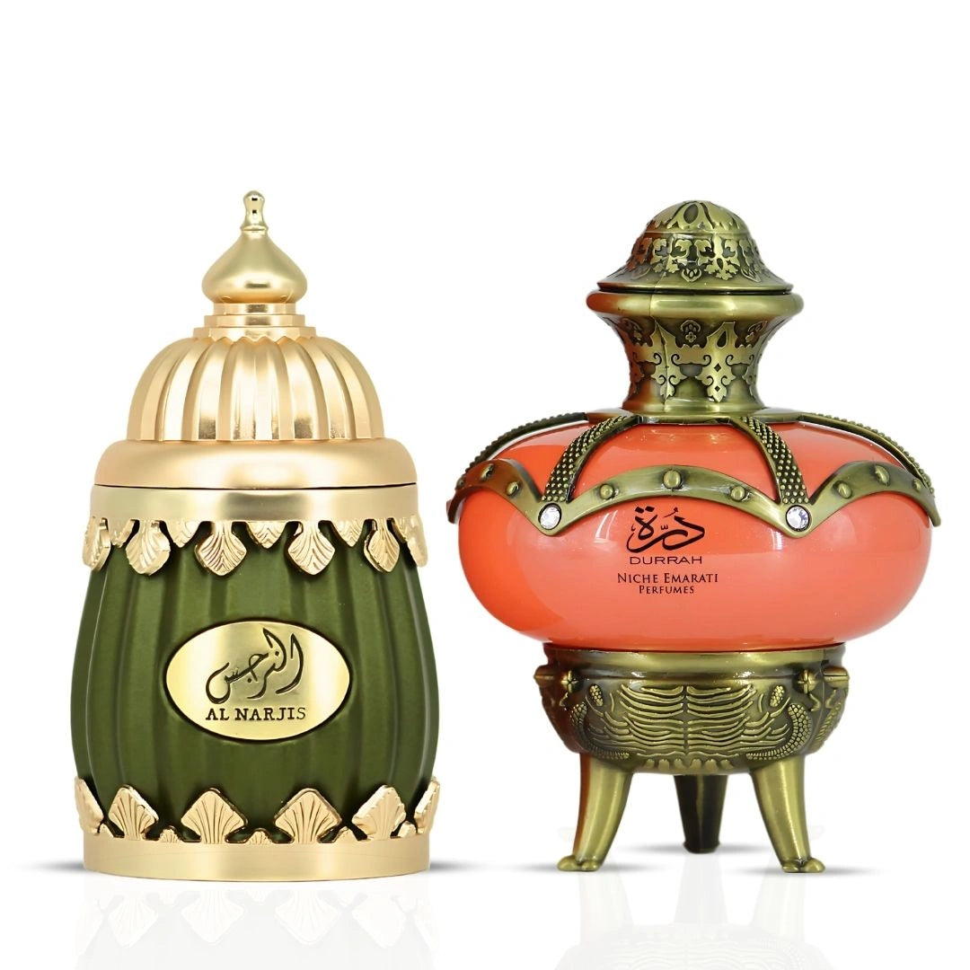 Niche Emarati Al Narjis & Durrah Eau De Parfum Sprays 100ml (3.4 oz) by Lattafa | A Duo That Speaks Elegance. (Bundle) - Intense Oud