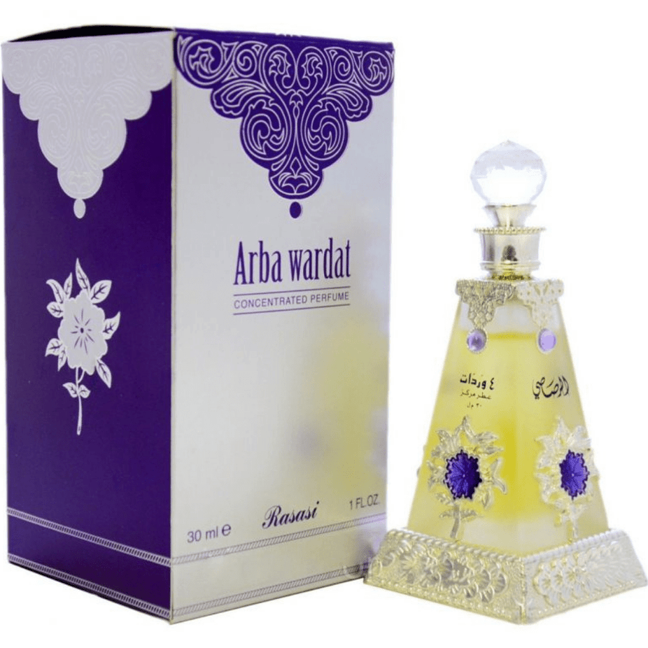 Rasasi Arba Wardat perfume oil bottle, 30ml CPO concentrate with elegant packaging, showcasing luxurious fragrance and long-lasting scent.
