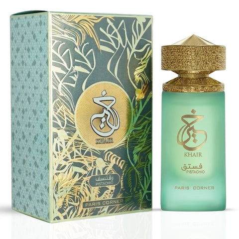 Paris Corner Khair Pistachio Eau de Parfum spray 100ml bottle with pistachio-themed design and elegant packaging.