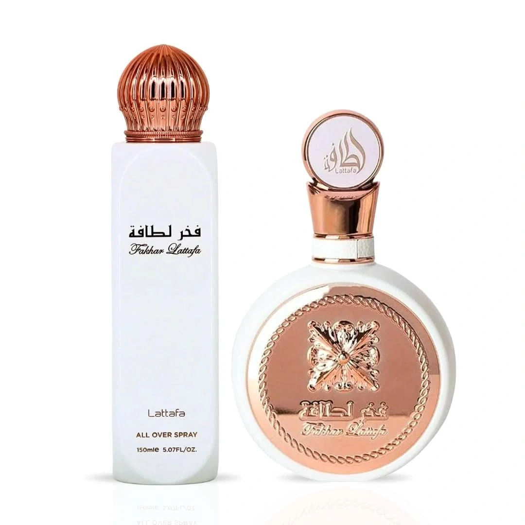 Lattafa Fakhar Women Eau de Parfum and All Over Spray bundle, featuring 100ml perfume bottle and 150ml spray can, elegant packaging
