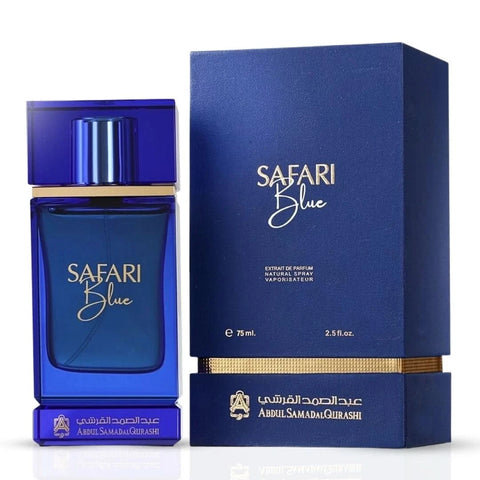 Safari Blue Extrait de Parfum Spray by Abdul Samad Al Qurashi, 75ml EDP bottle with elegant design and blue accents.