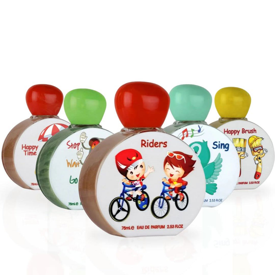Lattafa Pride Happy Brush, Happy Time Eau de Parfum spray for kids, 75ml, featuring colorful packaging from the Riders & Sing collection.