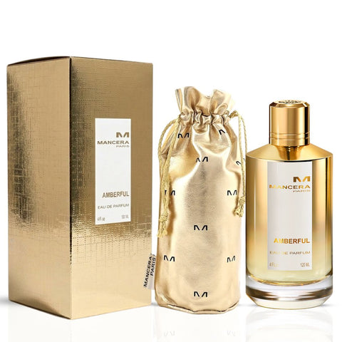 Mancera Amberful Eau de Parfum spray bottle, 120ml, with elegant amber-colored packaging and a silver cap.