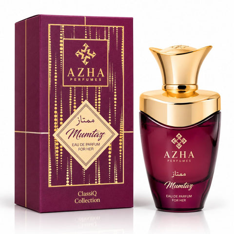 Azha Mumtaz Eau de Parfum spray in 100ml bottle, elegant design, showcasing the luxurious perfume for women.