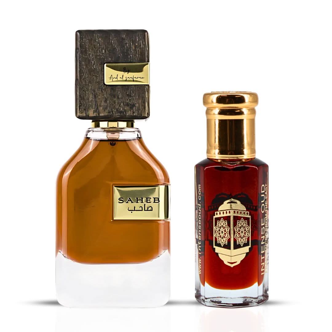 Intense Oud bundle featuring Saheb Eau de Parfum spray and Mukhallat Al Zafran perfume oil, both in elegant bottles.