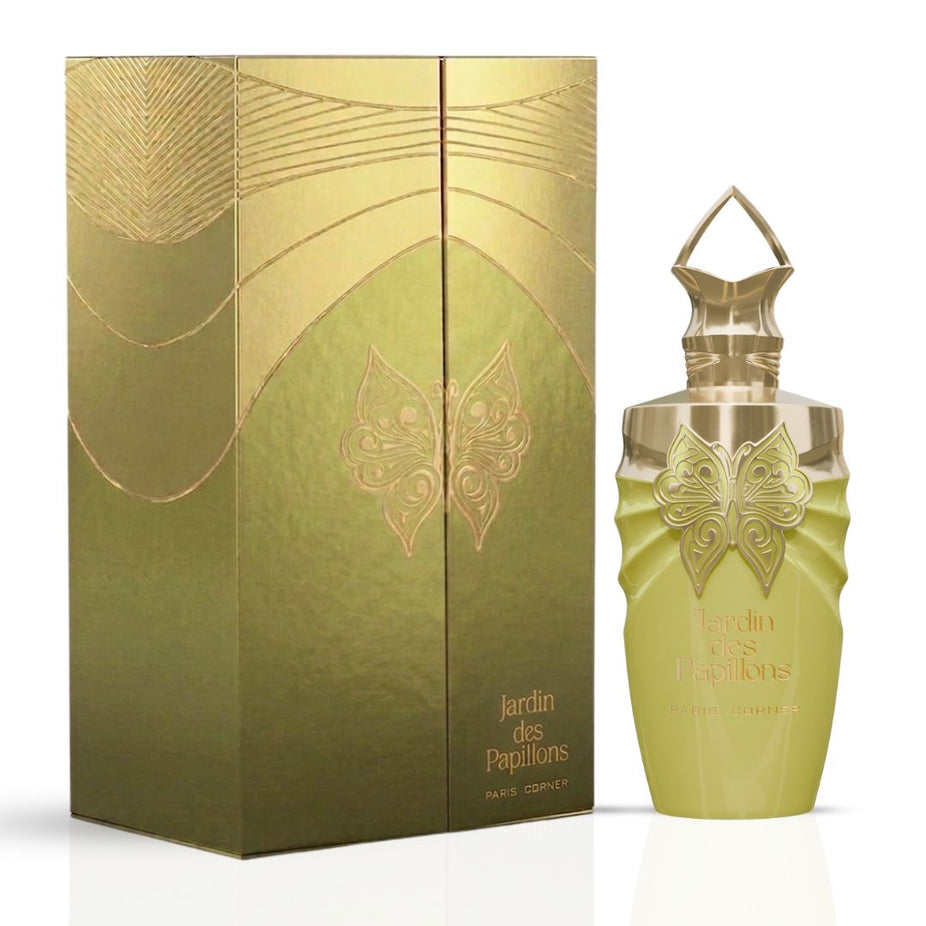 Jardin des Papillons Eau de Parfum spray by Paris Corner, 100ml bottle with elegant floral design, showcasing the perfume bottle.