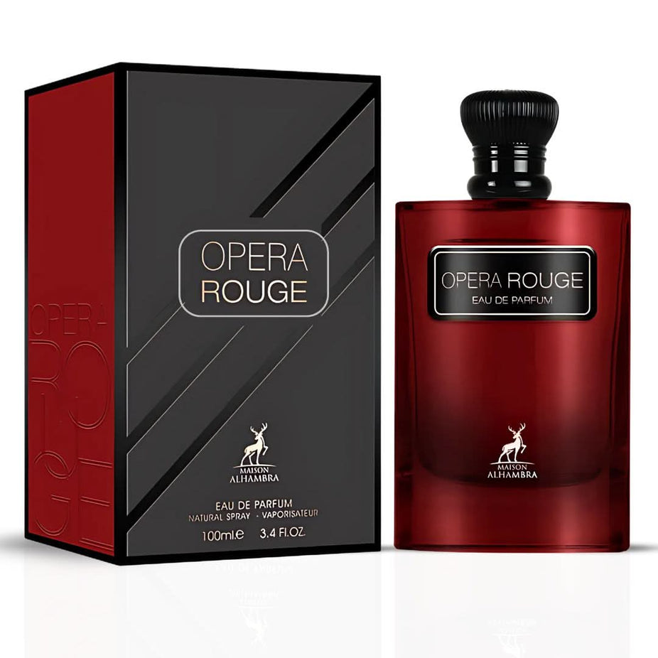 Maison Alhambra Opera Rouge Eau de Parfum spray 100ml bottle with elegant packaging and floral design.