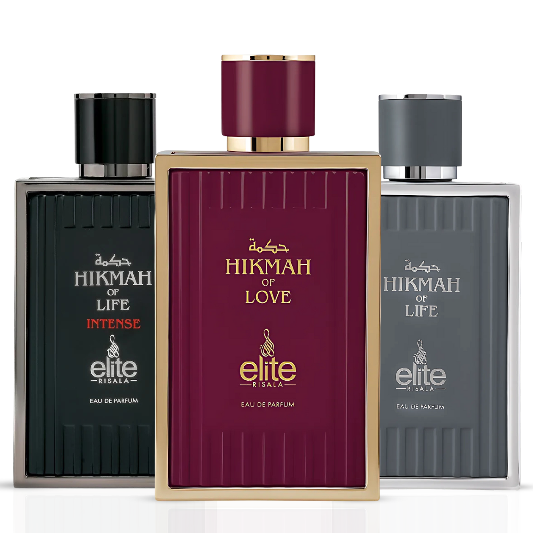 Elite Risala Hikmah Of Life, Love, and Intense Eau de Parfum bundle with three 100ml spray bottles, elegant packaging and branding.