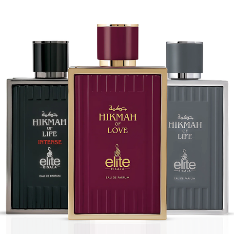 Elite Risala Hikmah Of Life, Love, and Intense Eau de Parfum bundle with three 100ml spray bottles, elegant packaging and branding.