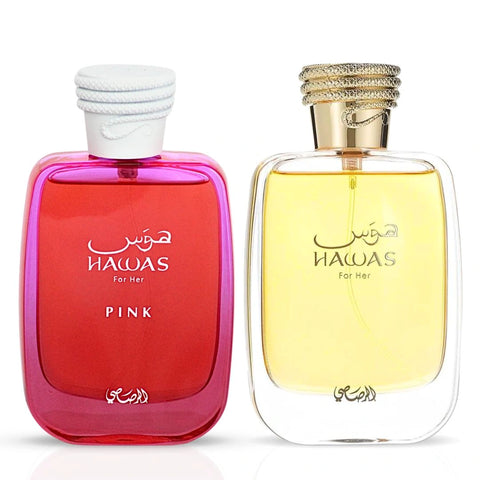 Hawas Pink & Hawas For Her Eau de Parfum Sprays 100ml (3.4 oz) by Rasasi | A Fragrance Pair That Redefines Luxury for Her (Bundle) - Intense Oud