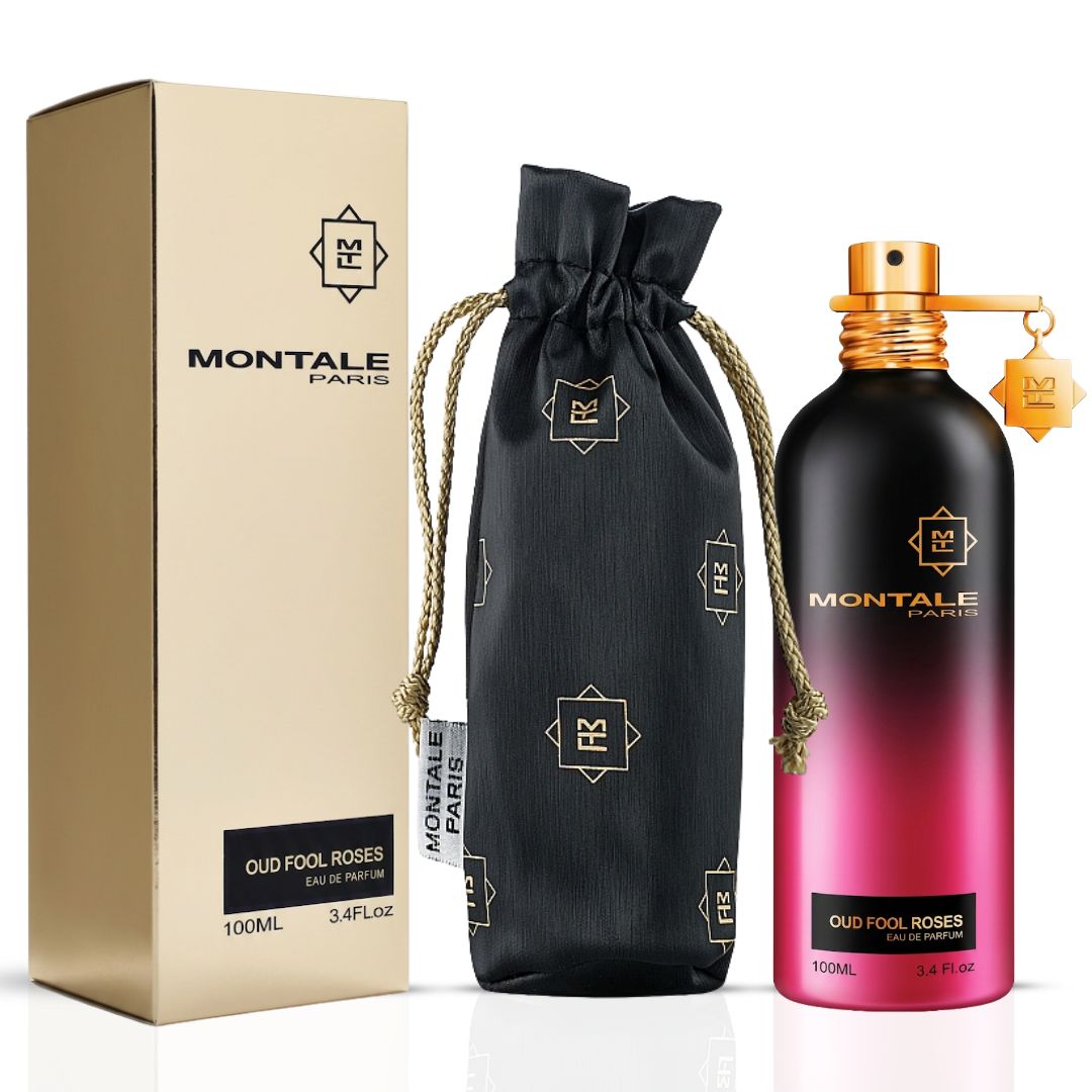 Montale Oud Fool Roses Eau de Parfum spray bottle with elegant packaging, 100ml (3.4 oz), featuring floral and oud fragrance notes.