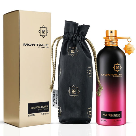 Montale Oud Fool Roses Eau de Parfum spray bottle with elegant packaging, 100ml (3.4 oz), featuring floral and oud fragrance notes.