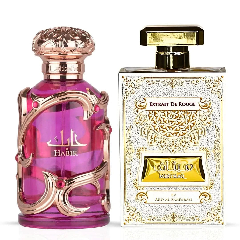 Habik for Women by Lattafa and Extrait De Rouge by Ard Al Zaafaran perfume bundle, featuring two 100ml Eau de Parfum bottles.