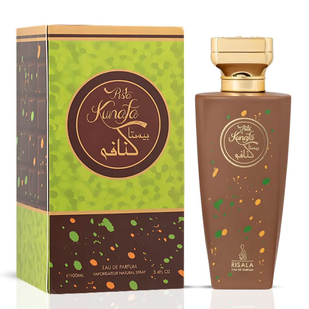 RISALA Pista Kunafa Eau de Parfum Spray 100ml bottle with elegant design, showcasing the luxurious fragrance packaging.